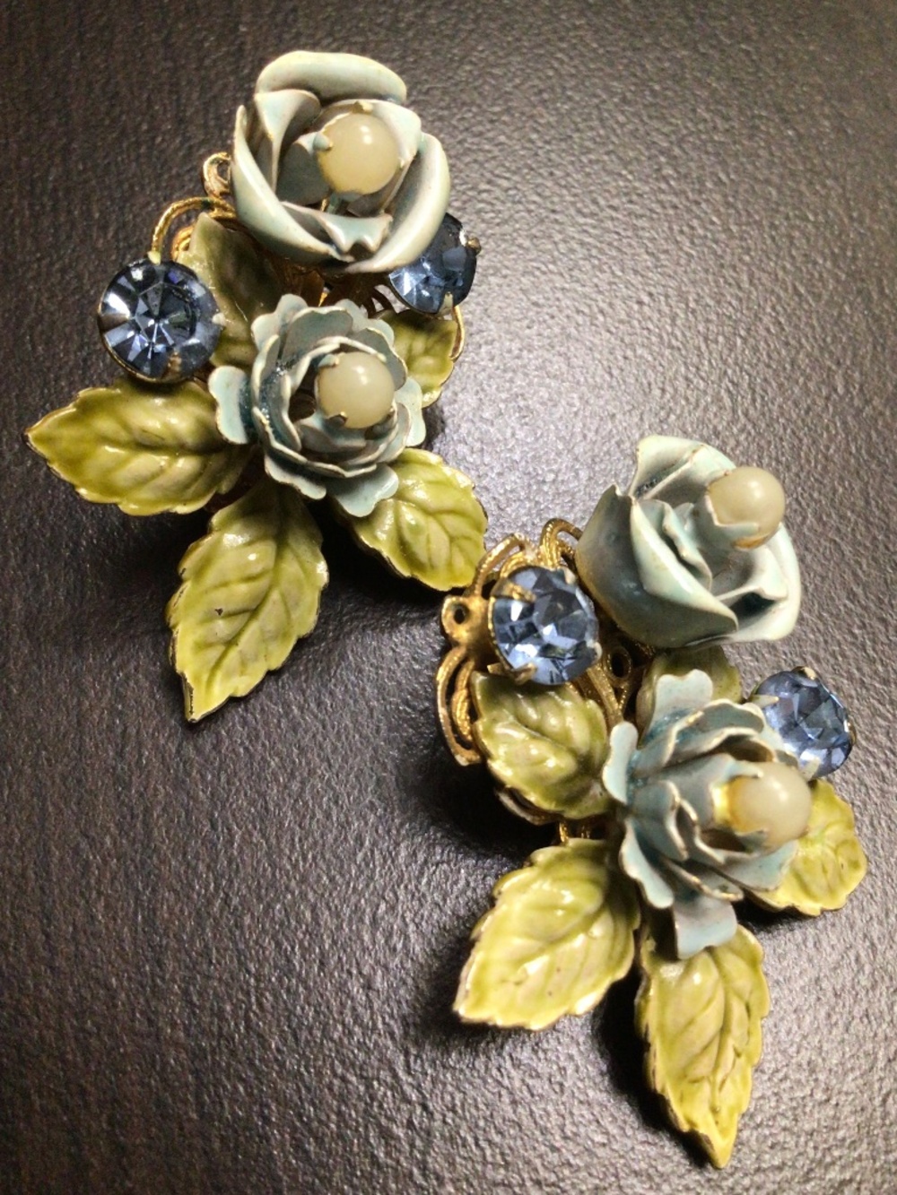 Mid-century Floral Design Earrings with Blue Enameled Roses and Pearls by Robert